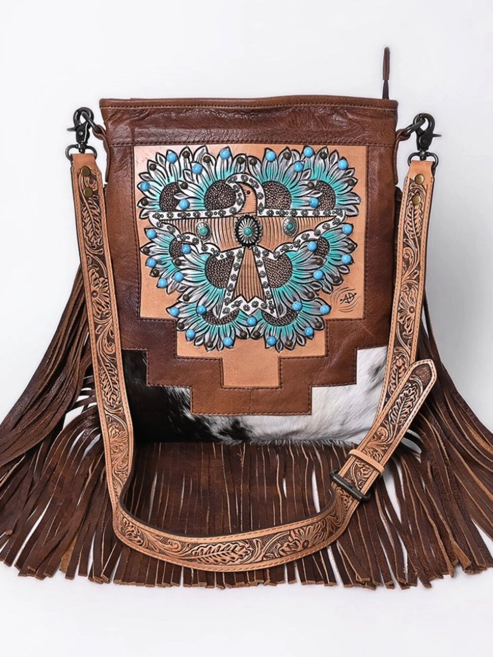 American Darling Hand-Tooled Leather Fringe Messenger Bag Cowhide Western Purse - Picture 4 of 7